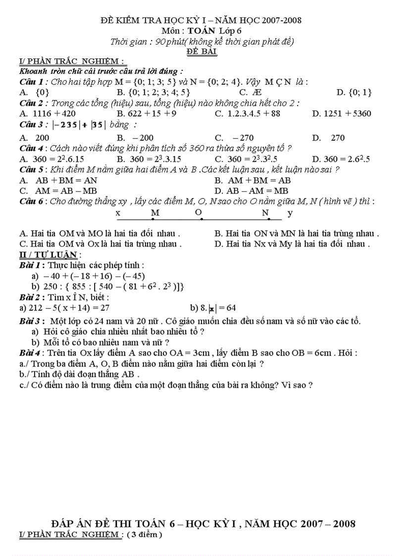 Đề thi HK I Toán 6 THCS Nguyễn Chí Thanh Đà Nẵng 2007 2008