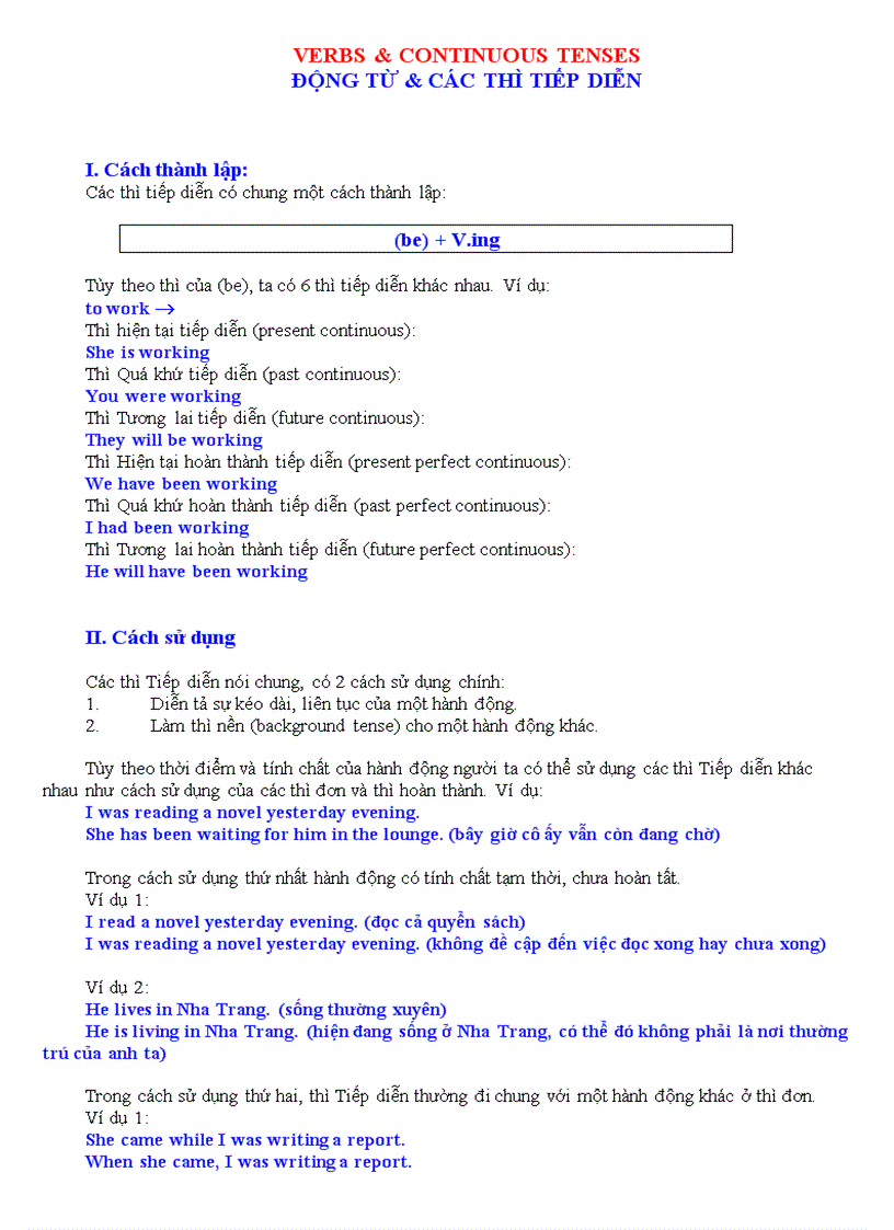 Verbs Continuous tenses ĐỘNG TỪ CÁC THÌ TIẾP DIỄN