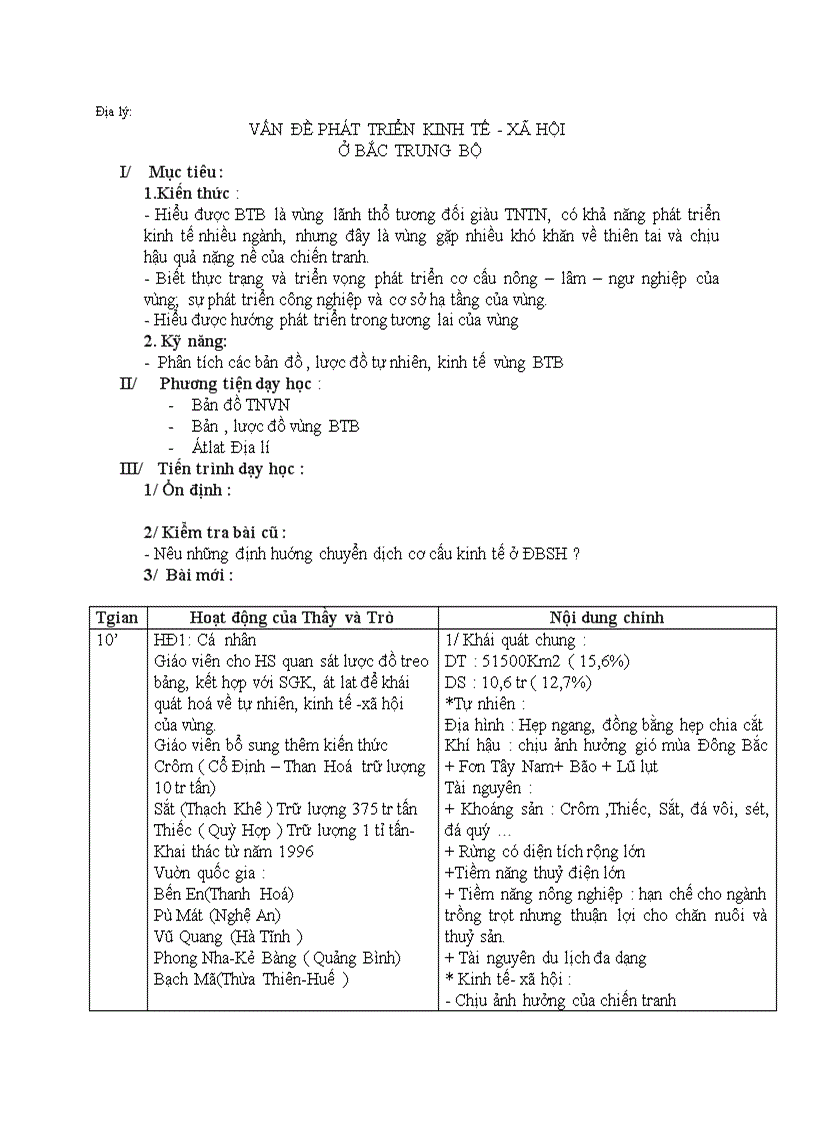 Địa lý VẤN ĐỀ PHÁT TRIỂN KINH TẾ XÃ HỘI Ở BẮC TRUNG BỘ