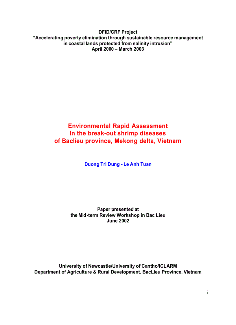 Environmental rapid assessment in the break out shrimp diseases of Baclieu province Mekong delta Vietnam