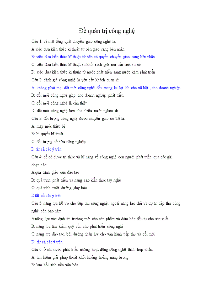 Đề thi quản trị công nghệ
