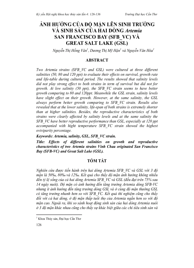 Ảnh hưởng của độ mặn lên sinh trưởng và sinh sản của hai dòng Artemia san francisco bay sfb vc và great salt lake gsl