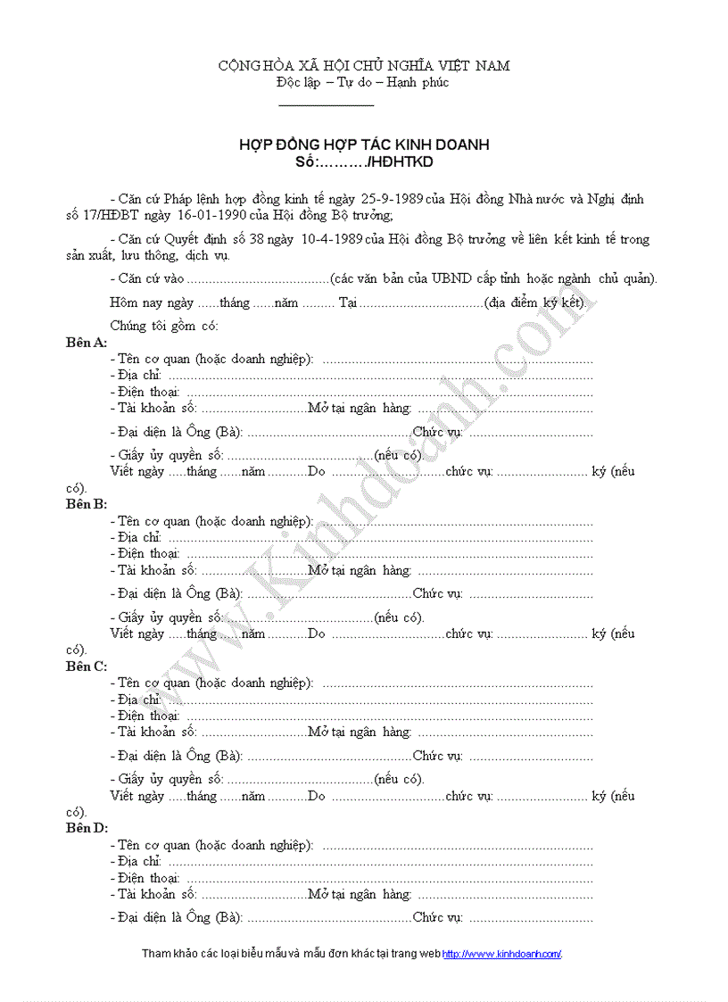 Hợp đồng hợp tác kinh doanh số hđhtkd