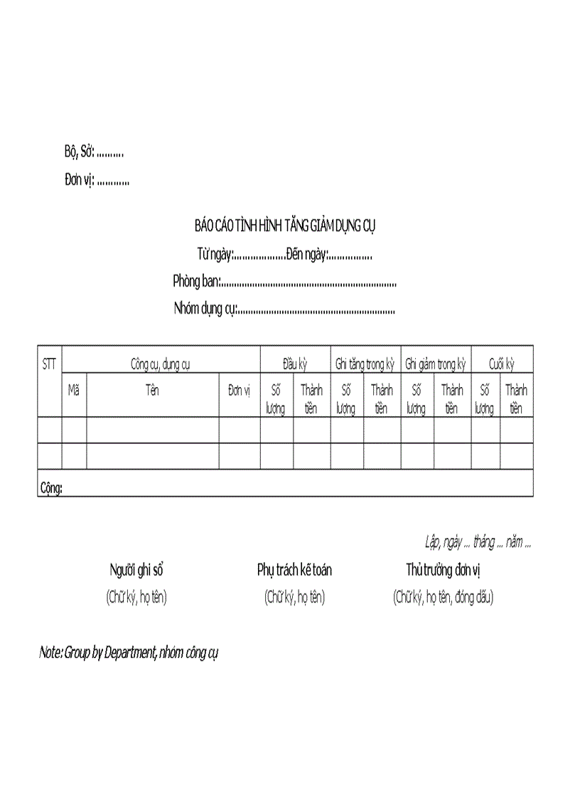 Báo cáo tình hình tăng giảm dụng cụ