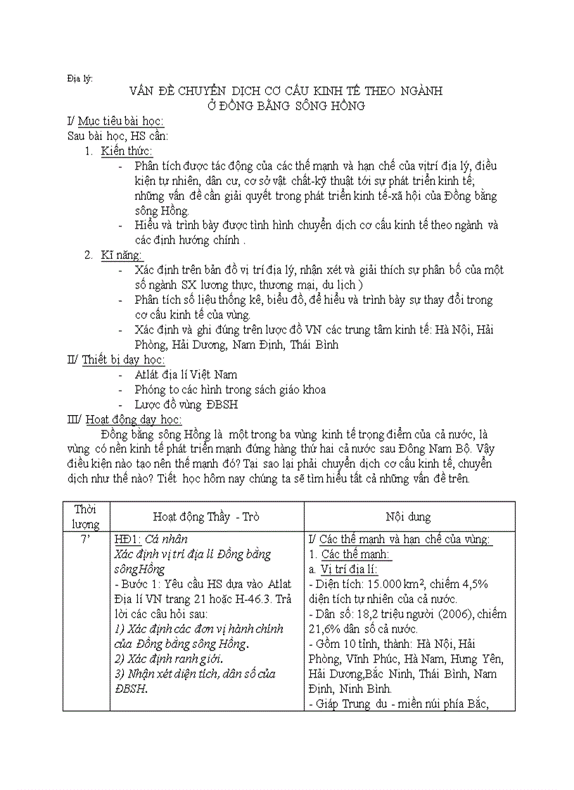 Địa lý VẤN ĐỀ CHUYỂN DỊCH CƠ CẤU KINH TẾ THEO NGÀNH Ở ĐỒNG BẰNG SÔNG HỒNG