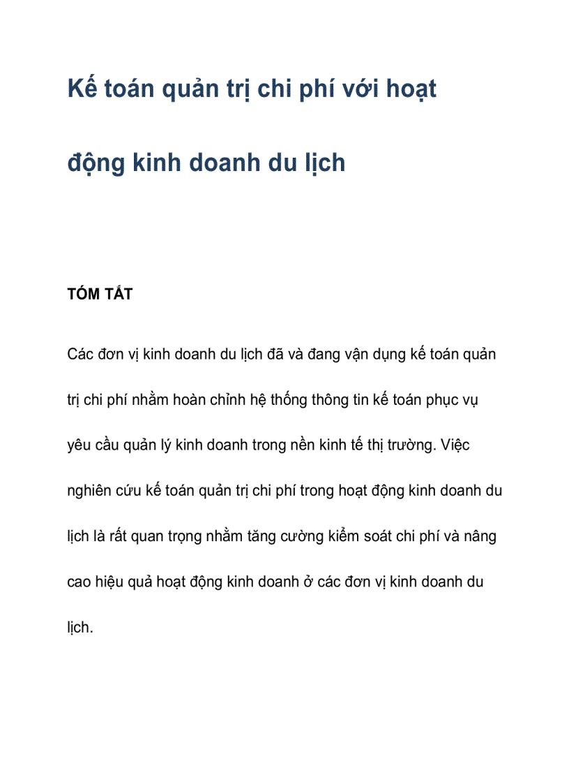 Kế toán quản trị chi phí với hoạt động kinh doanh du lịch