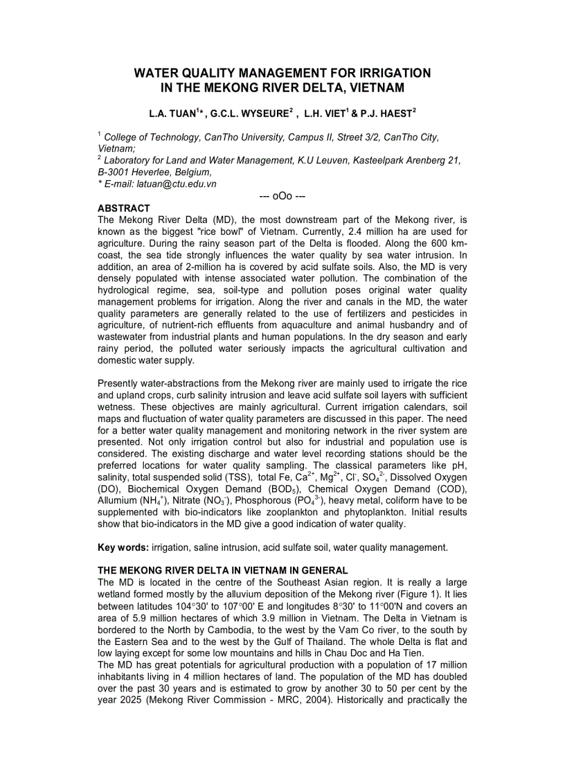 Water quality management for irrigation in the mekong river delta Vietnam