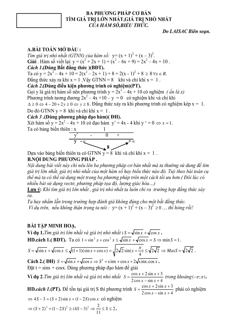 Ba phương pháp cơ bản tìm giá trị lớn nhất giá trị nhỏ nhất của hàm số biểu thức
