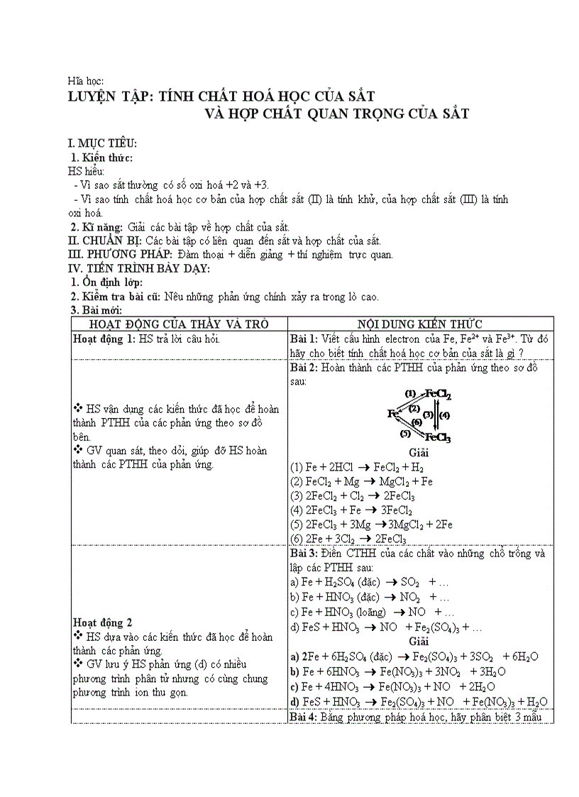 Hóa học LUYỆN TẬP TÍNH CHẤT HOÁ HỌC CỦA SẮT VÀ HỢP CHẤT QUAN TRỌNG CỦA SẮT