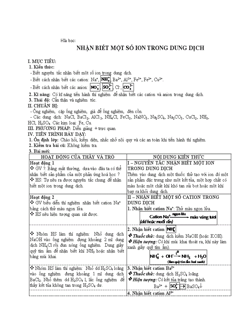 Hóa học NHẬN BIẾT MỘT SỐ ION TRONG DUNG DỊCH