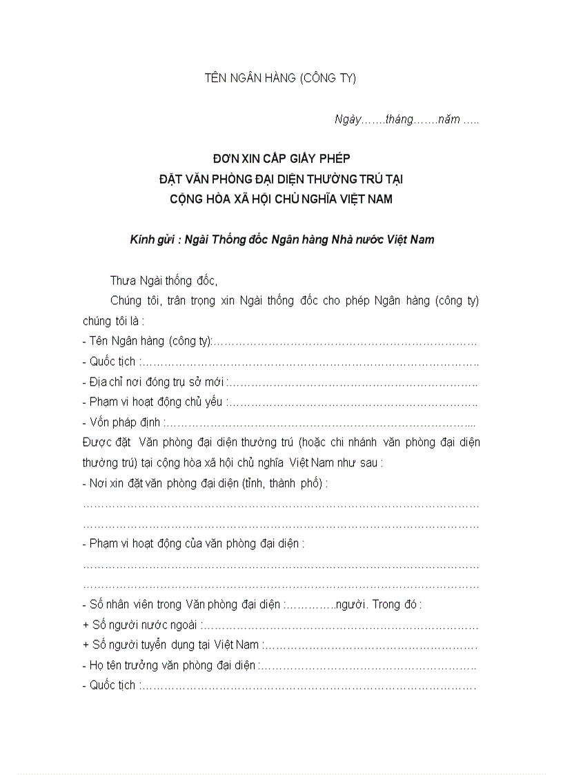 Đơn xin cấp giấy phép đặt văn phòng đại diện thường trú tại cộng hòa xã hội chủ nghĩa việt nam