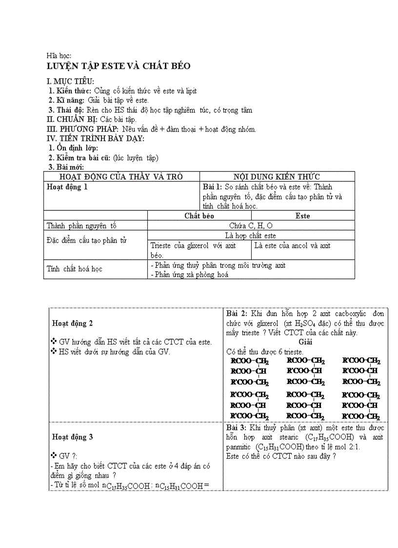 Hóa học LUYỆN TẬP ESTE VÀ CHẤT BÉO