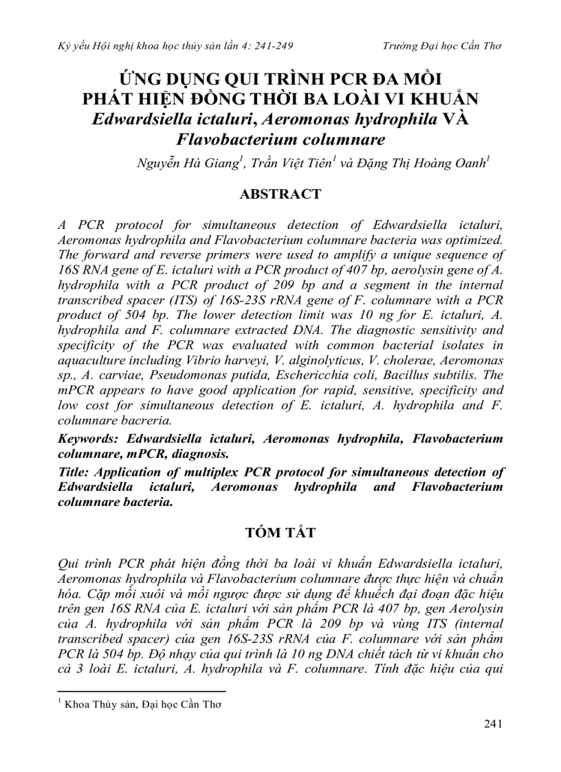 Ứng dụng qui trình pcr đa mồi phát hiện đồng thời ba loài vi khuẩn Edwardsiella ictaluri Aeromonas hydrophila và Flavobacterium columnare
