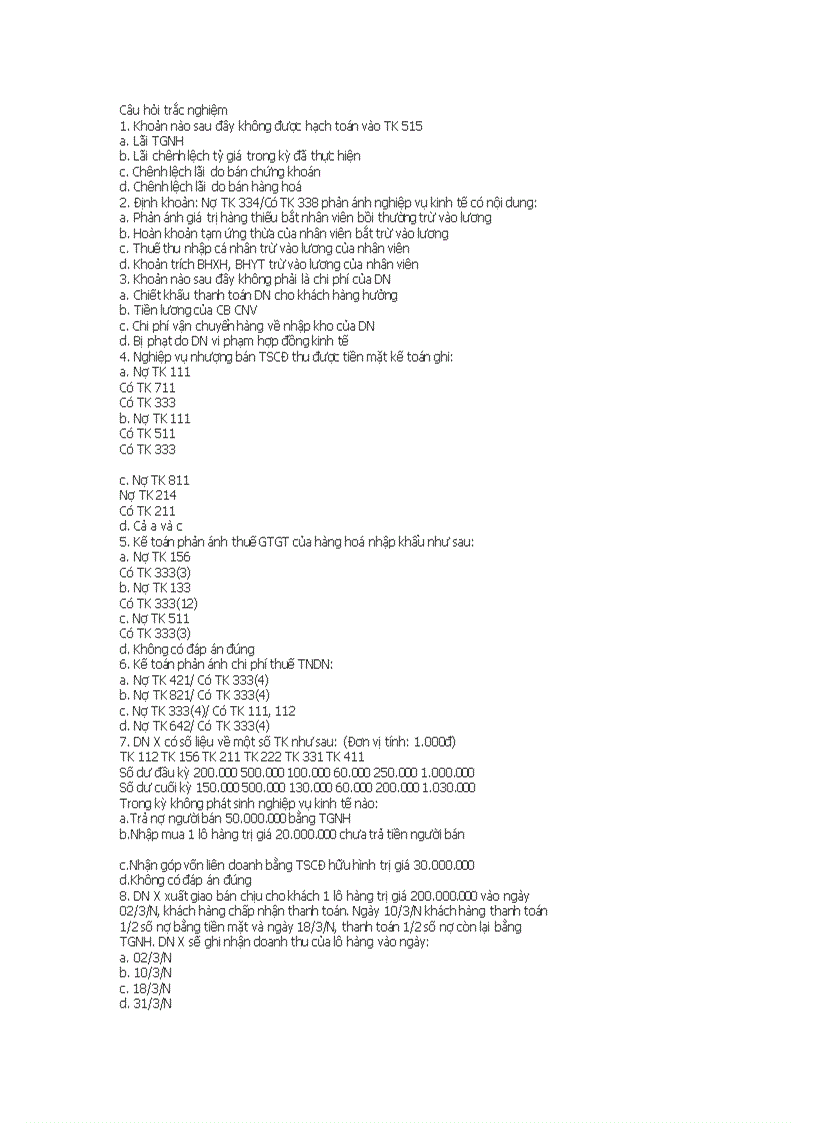 Câu hỏi trắc nghiêm tài chính ngân hàng