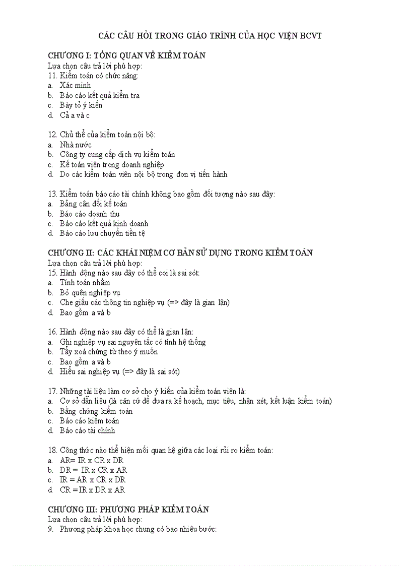 Các câu hỏi trong giáo trình của học viện bcvt