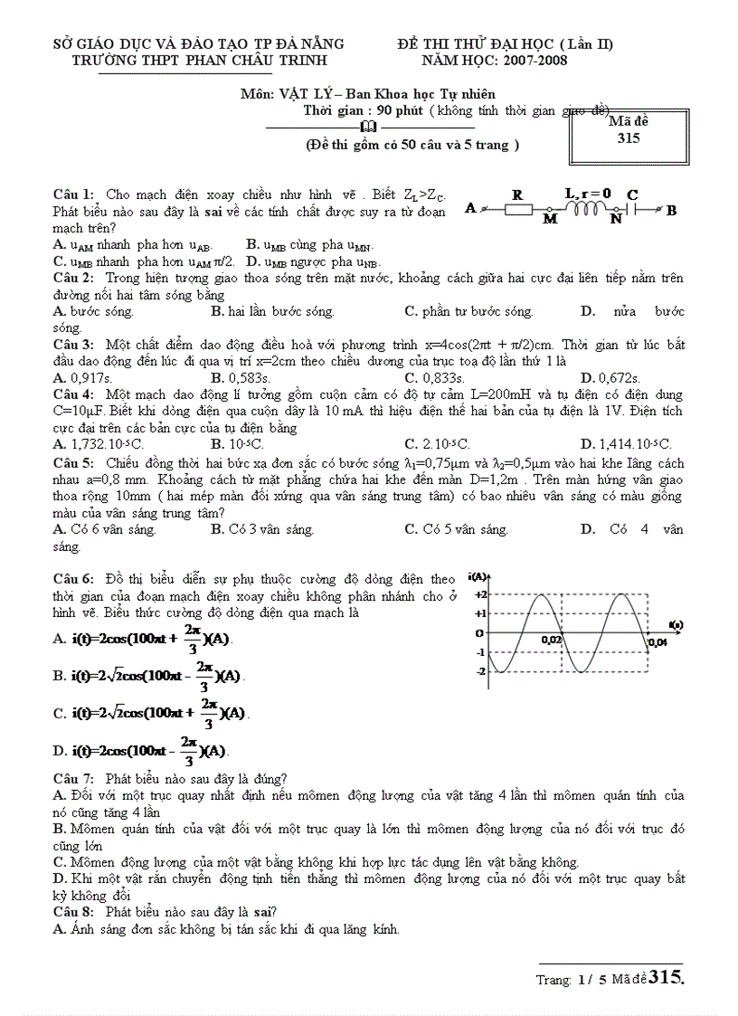 Đề thi thử Đại học Lần 2 THPT Phan Châu Trinh Đà Nẵng 2007 2008