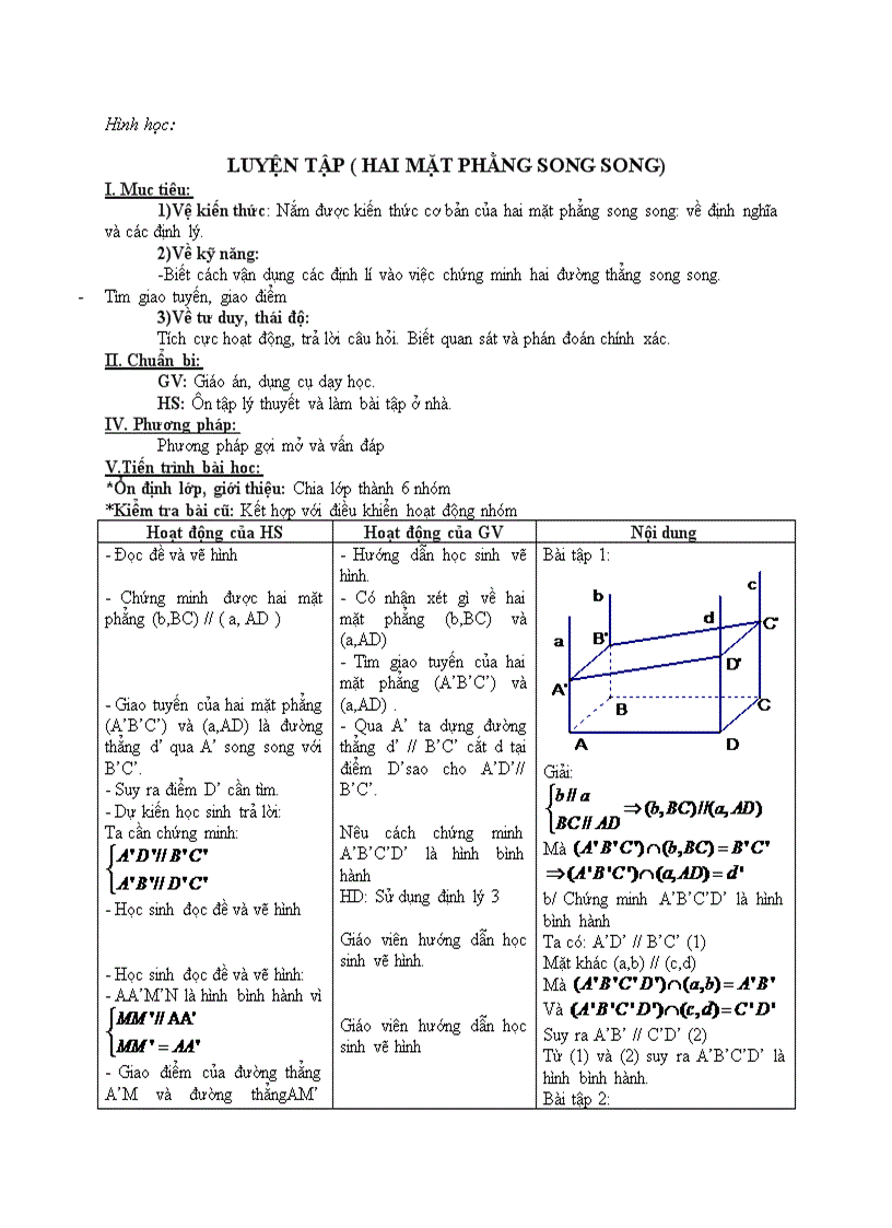 Hình học LUYỆN TẬP HAI MẶT PHẰNG SONG SONG