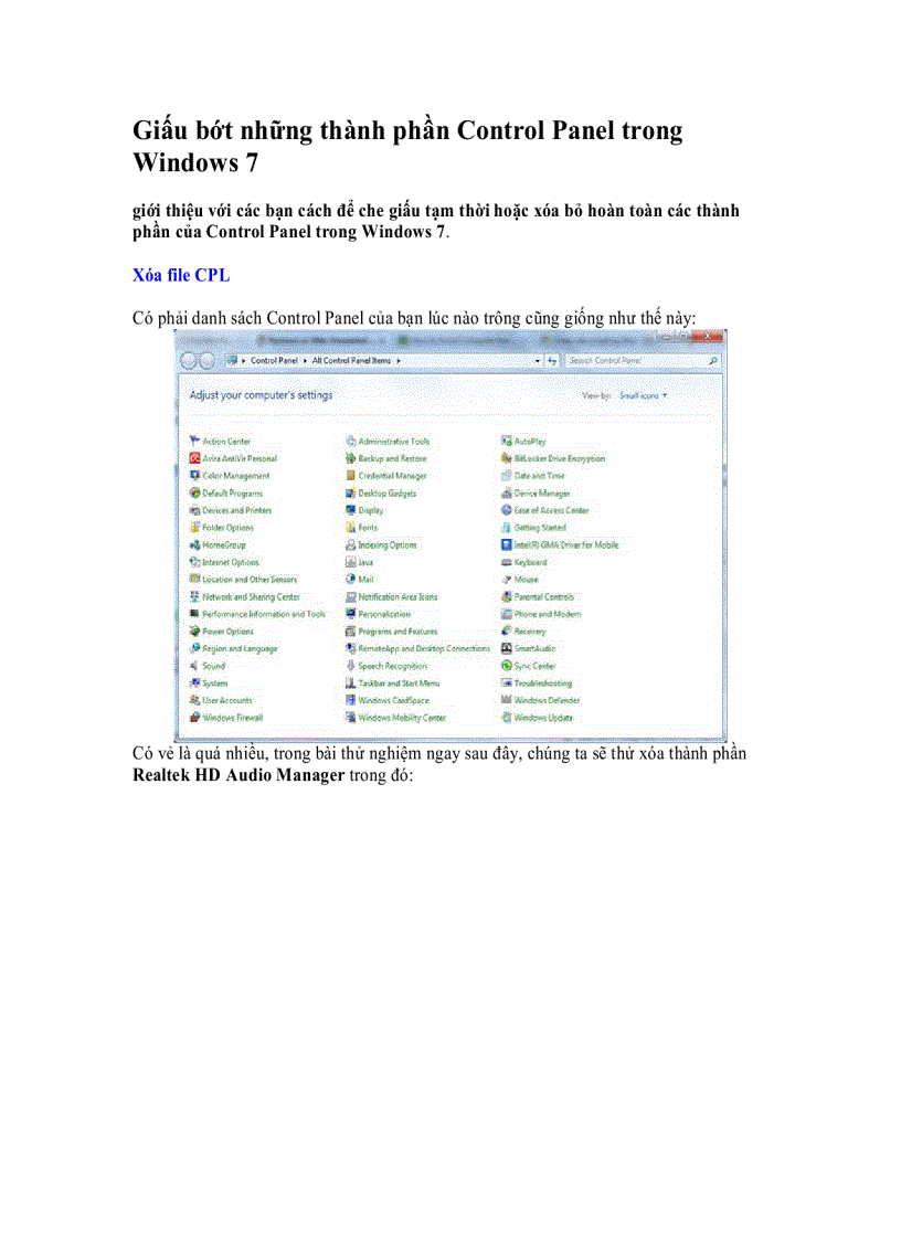Giấu bớt những thành phần Control Panel trong Windows 7