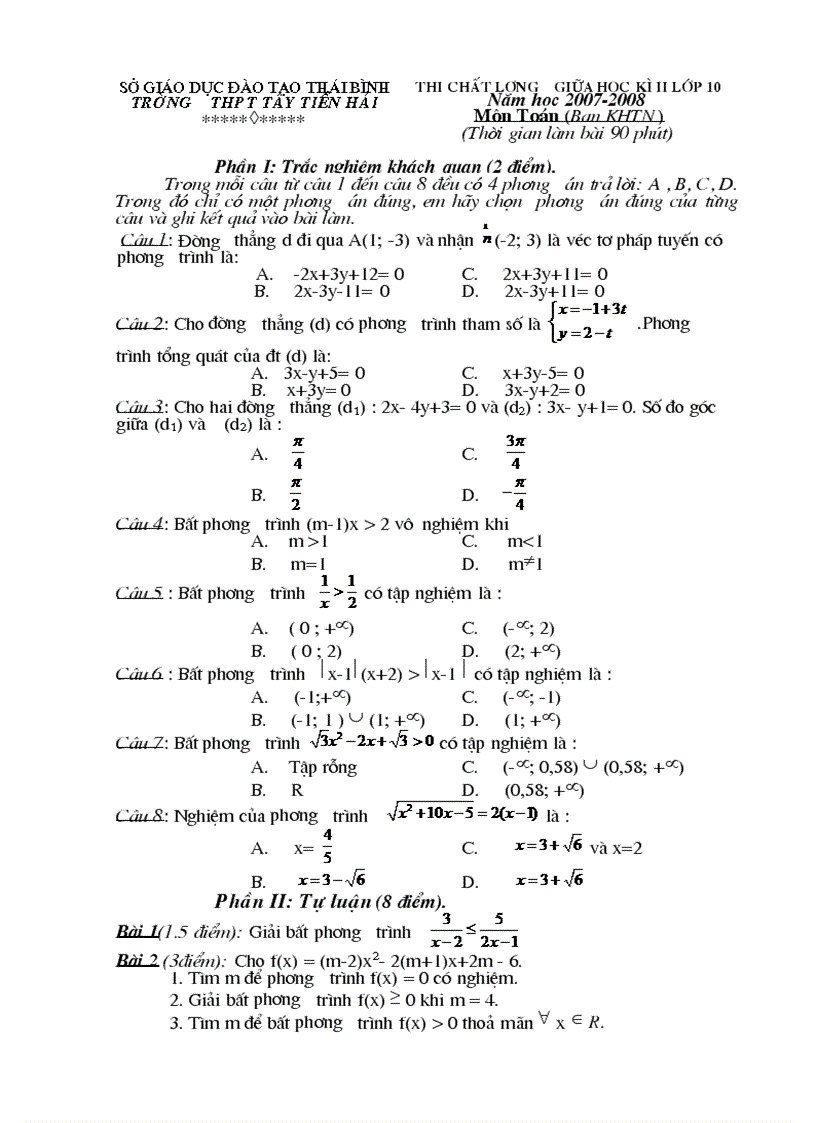 Đề thi chất lượng giữa HK 2 Lớp 10 môn Toán THPT Tây Tiền Hải Thái Bình 2007 2008
