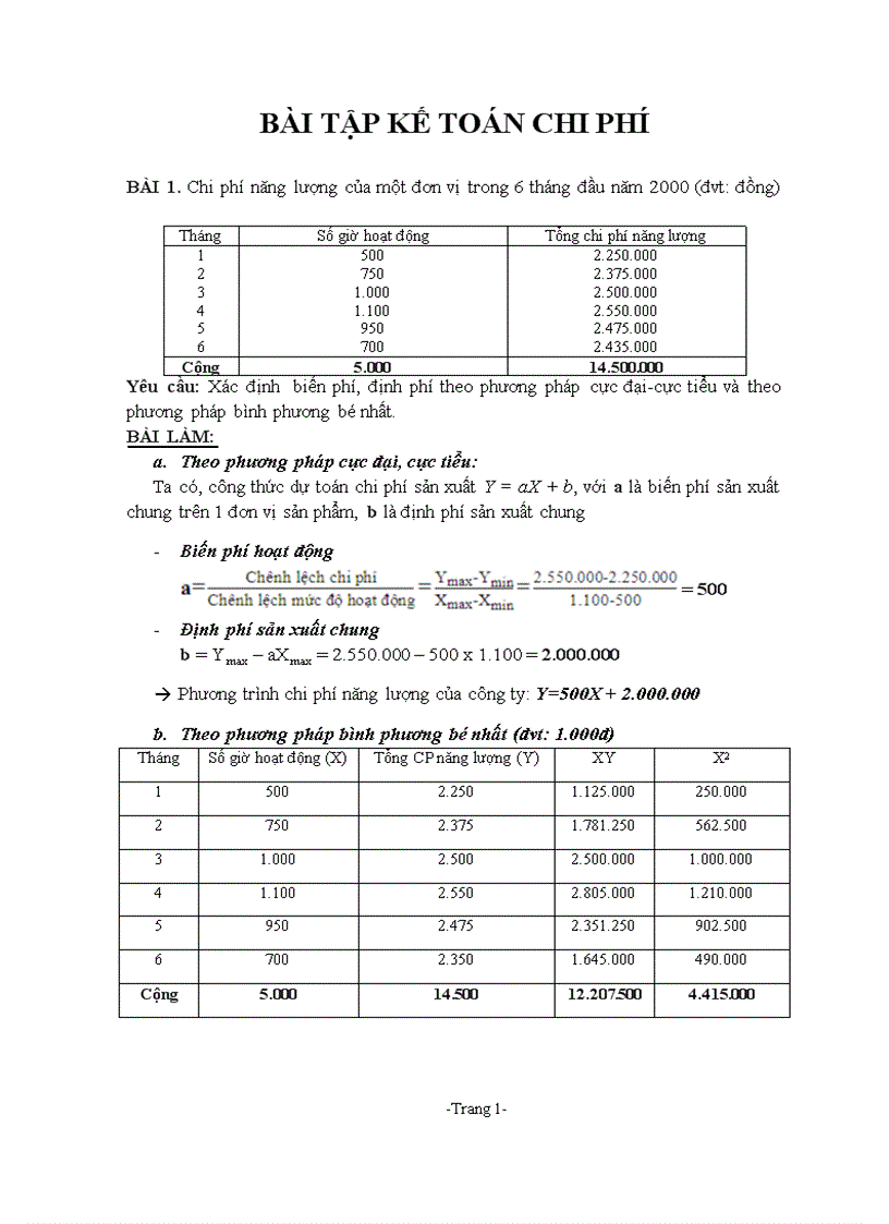 Bài tập kế toán chi phí