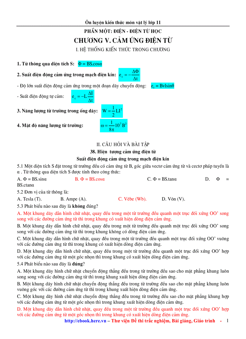 Chương 5 Cảm Ứng Điện Từ Ôn Tập VẬT LÍ 11