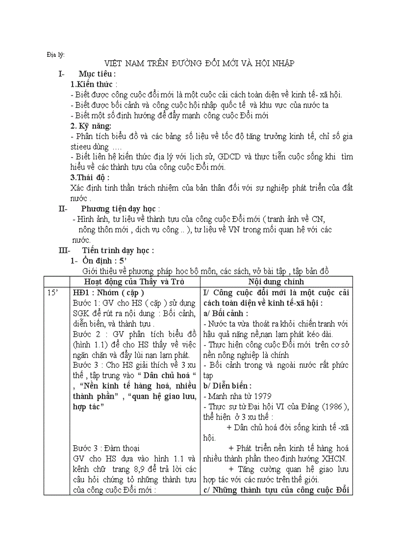 Địa lý VIỆT NAM TRÊN ĐƯỜNG ĐỔI MỚI VÀ HỘI NHẬP