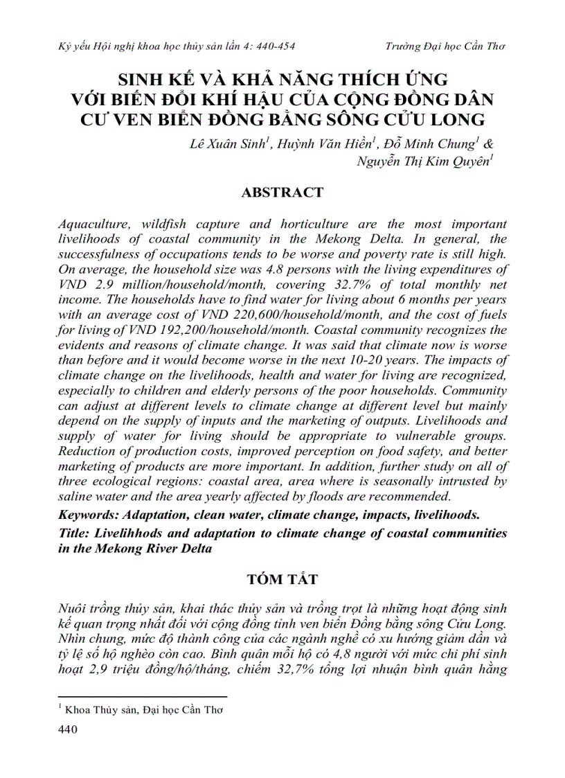 Sinh kế và khả năng thích ứng với biến đổi khí hậu của cộng đồng dân cư ven biển đồng bằng sông cửu long