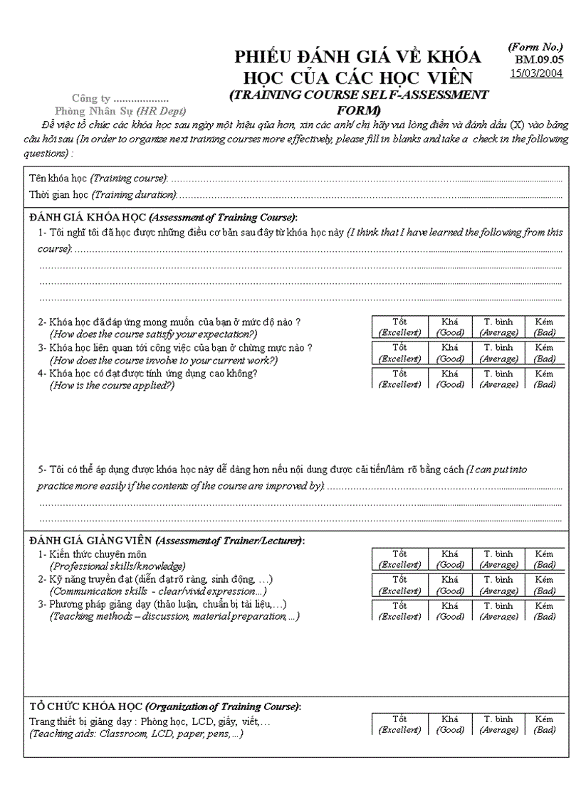 Mẫu phiếu đánh giá về khóa học của các học viên training course self assessment form