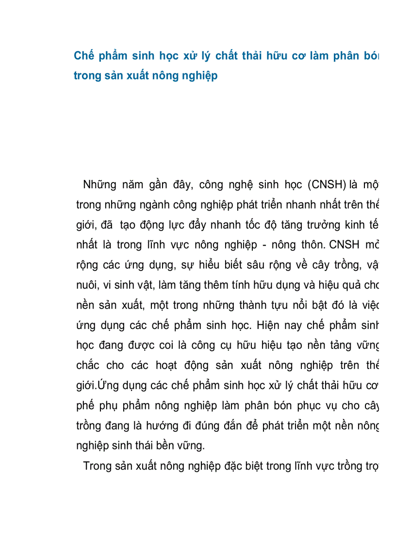 Chế phẩm sinh học xử lý chất thải hữu cơ làm phân bón trong sản xuất