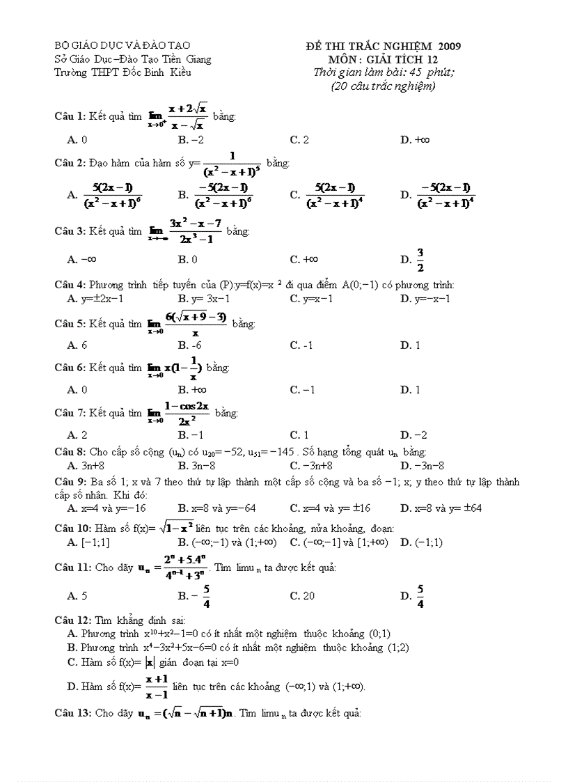 Đề thi trắc nghiệm Giải tích 12 Tiền Giang 2009