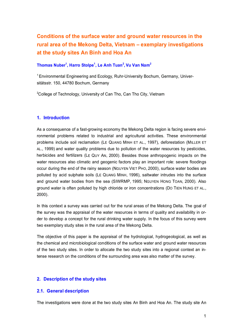 Conditions of the surface water and ground water resources in the rural area of the Mekong Delta Vietnam