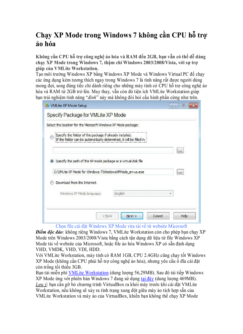 Chạy XP Mode trong Windows 7 không cần CPU hỗ trợ ảo hóa