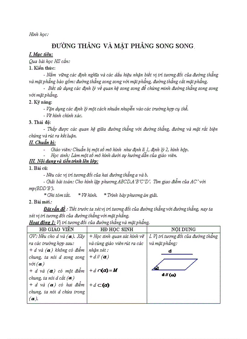 Hình học ĐƯỜNG THẲNG VÀ MẶT PHẲNG SONG SONG