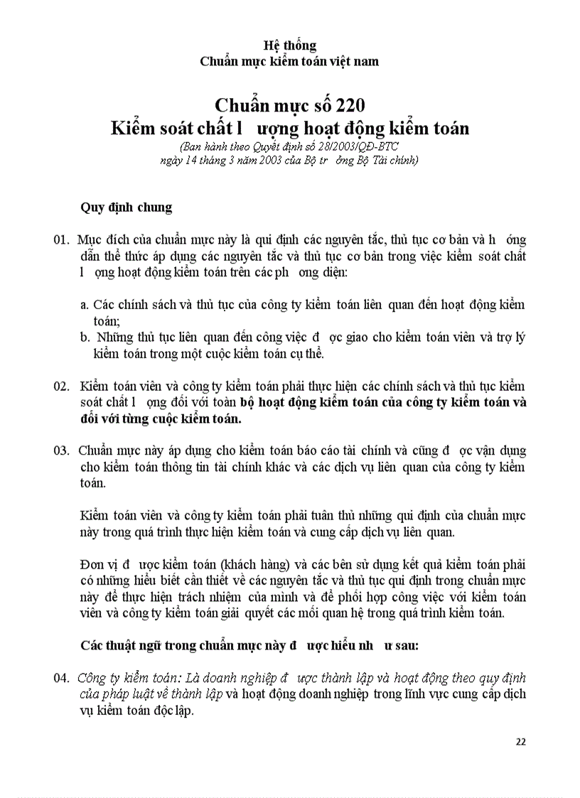 Kiểm soát chất lượng hoạt động kiểm toán 2003