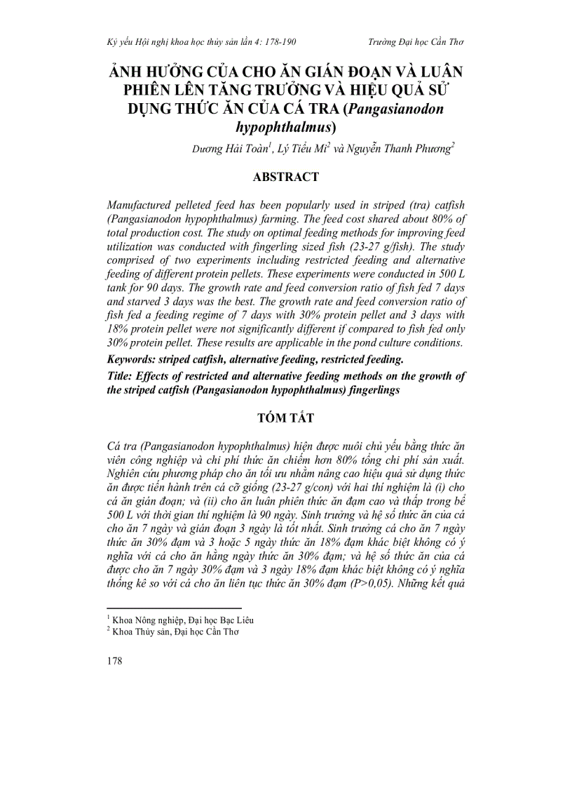 Ảnh hưởng của cho ăn gián đoạn và luân phiên lên tăng trưởng và hiệu quả sử dụng thức ăn của cá tra Pangasianodon hypophthalmus