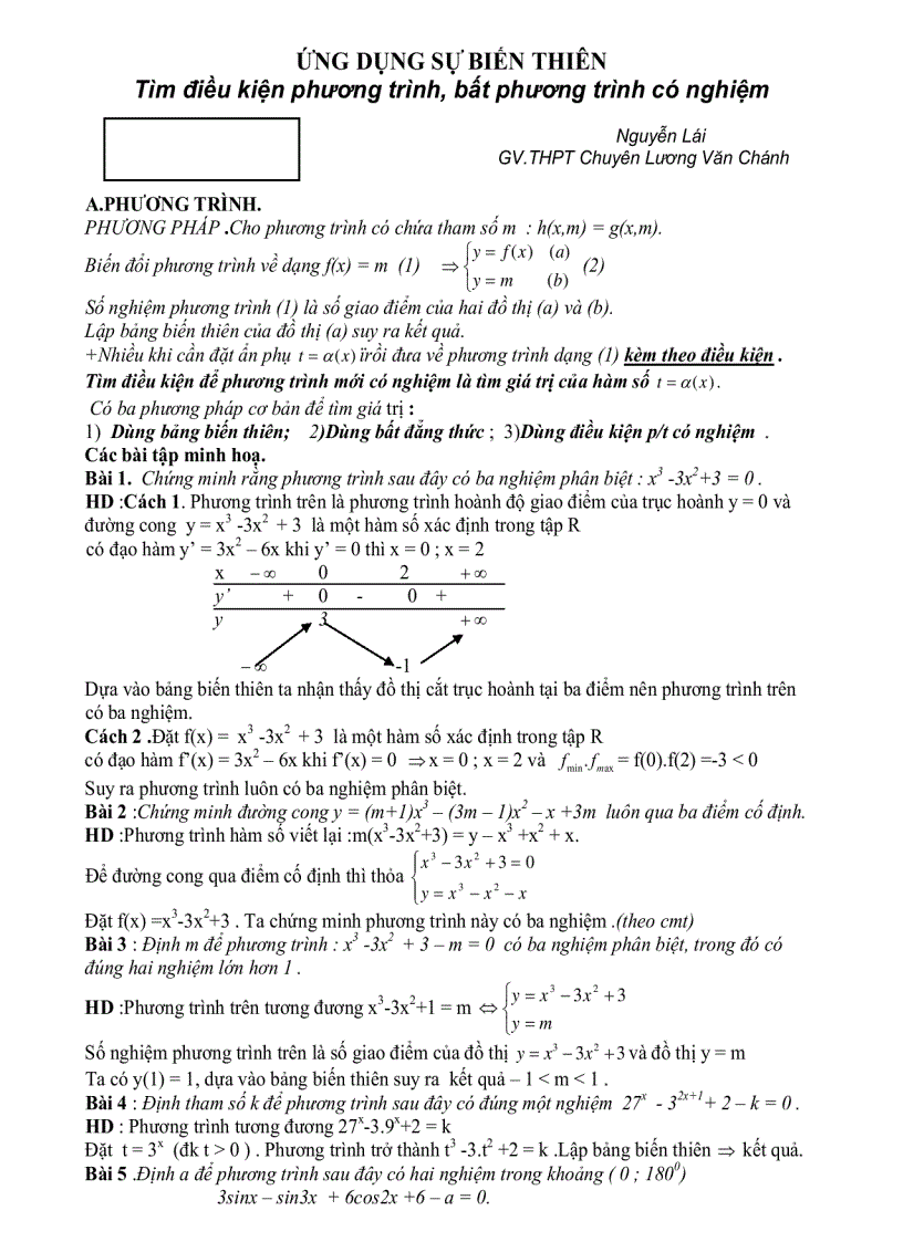 ỨNG DỤNG SỰ BIẾN THIÊN Tìm điều kiện phương trình bất phương trình có nghiệm