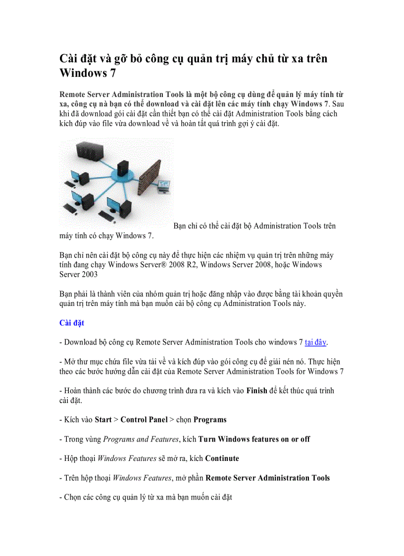 Cài đặt và gỡ bỏ công cụ quản trị máy chủ từ xa trên Windows 7