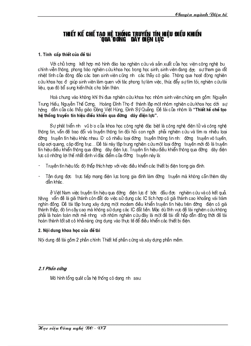 Thiết kế chế tạo hệ thống truyền tín hiệu điều khiển qua đường dây điện lực