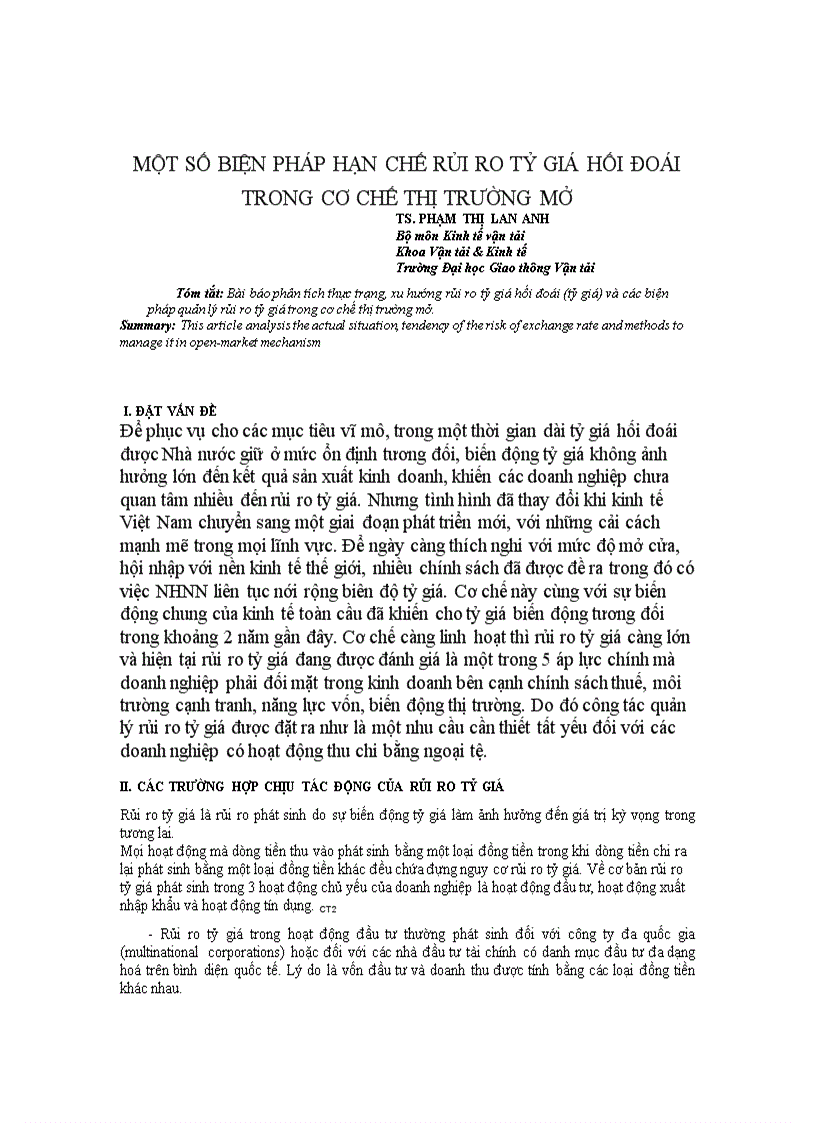 Một số biện pháp hạn chế rủi ro tỷ giá hối đoái trong cơ chế thị trường mở