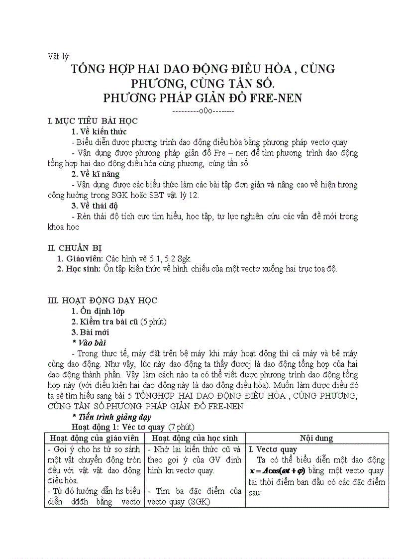 Vật lý TỔNG HỢP HAI DAO ĐỘNG ĐIỀU HÒA CÙNG PHƯƠNG CÙNG TẦN SỐ PHƯƠNG PHÁP GIẢN ĐỒ FRE NEN
