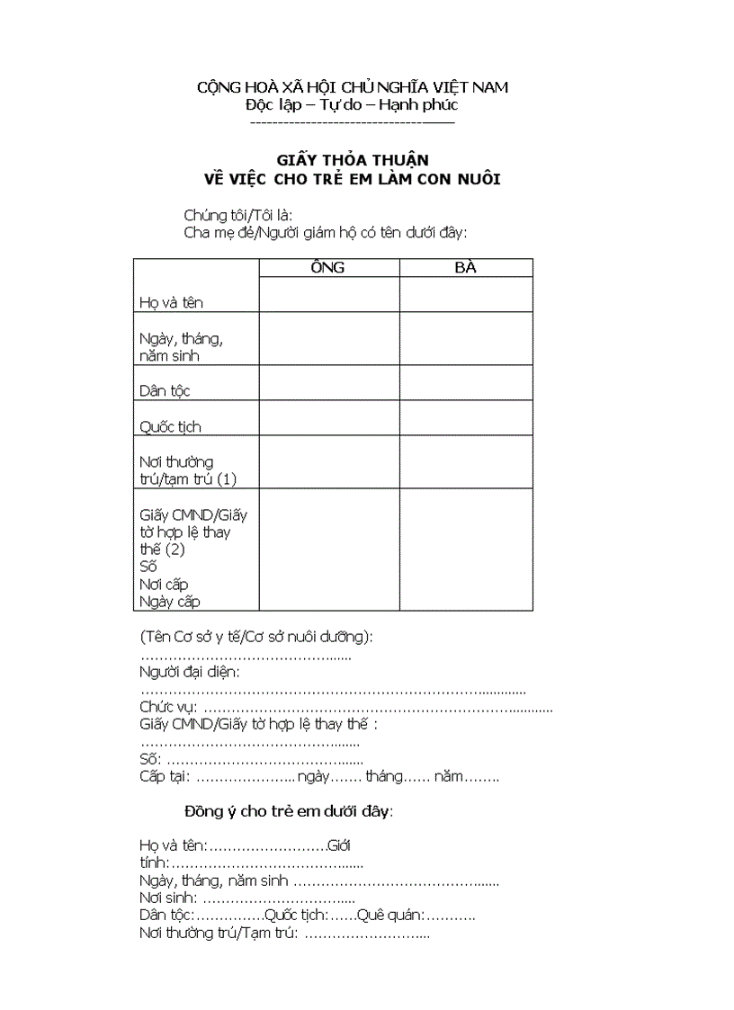 Giấy thỏa thuận về việc cho trẻ em làm con nuôi