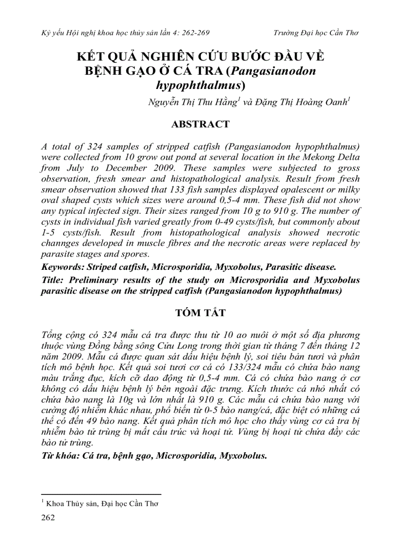 Kết quả nghiên cứu bước đầu về bệnh gạo ở cá tra Pangasianodon hypophthalmus