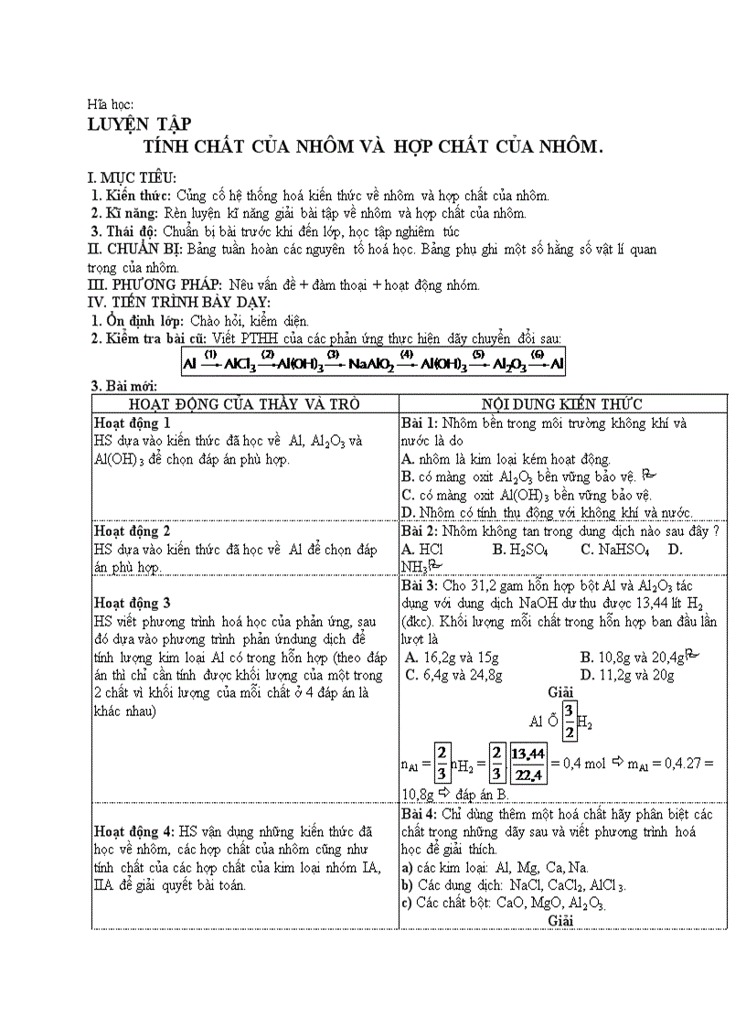 Hóa học LUYỆN TẬP TÍNH CHẤT CỦA NHÔM VÀ HỢP CHẤT CỦA NHÔM