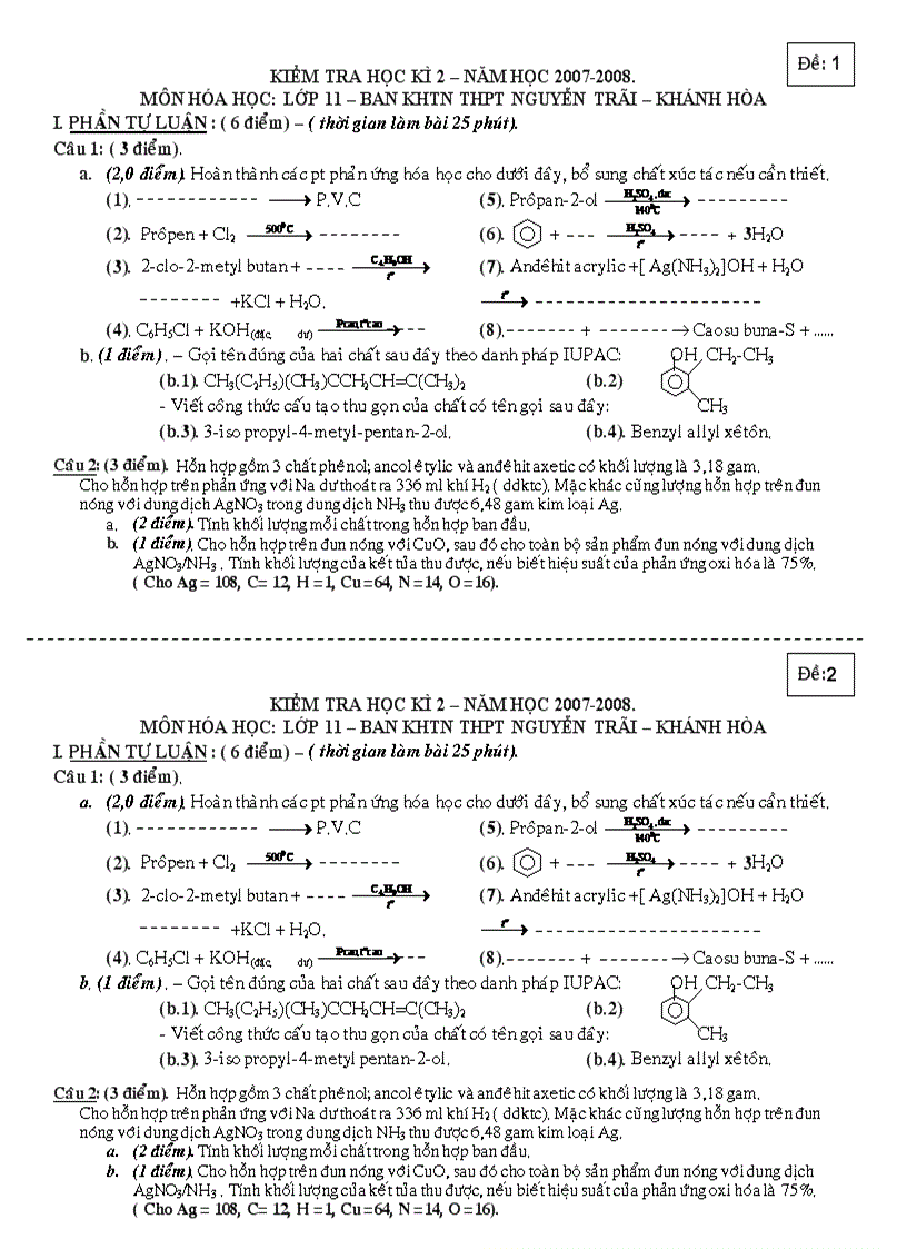 Đề thi HK 2 môn Hóa 11 Ban KHTN THPT Nguyễn Trãi Khánh Hòa 2007 2008