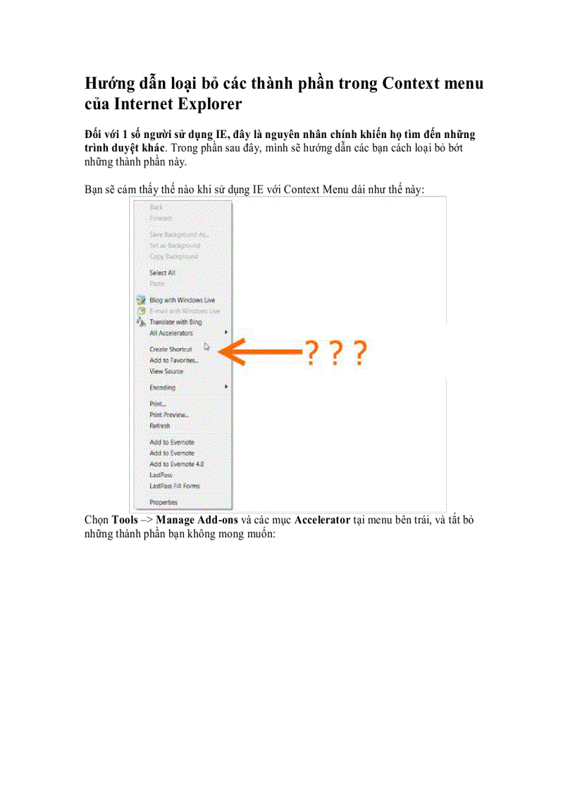 Hướng dẫn loại bỏ các thành phần trong Context menu của Internet Explorer