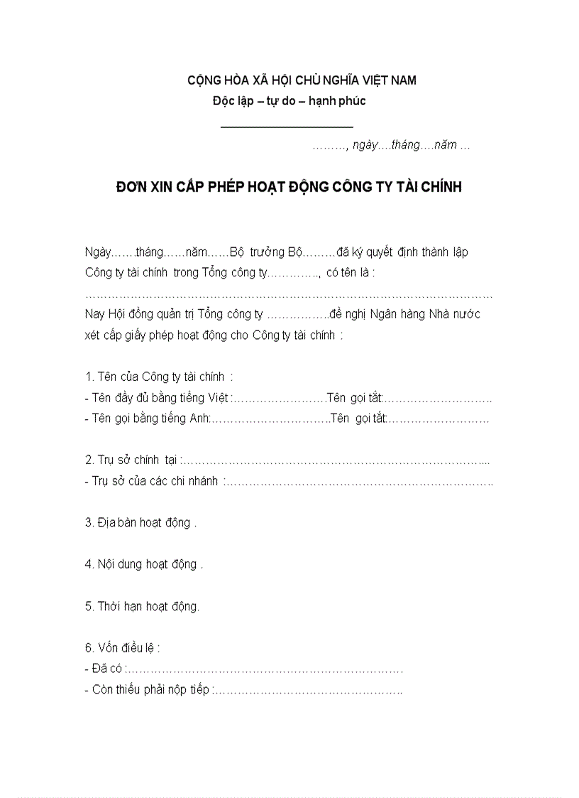 Đơn xin cấp phép hoạt động công ty tài chính