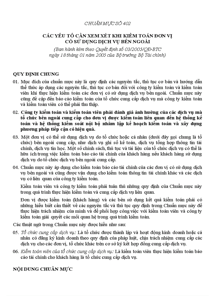 Các yếu tố cần xem xét khi kiểm toán đơn vị có sử dụng dịch vụ bên ngoài 2005