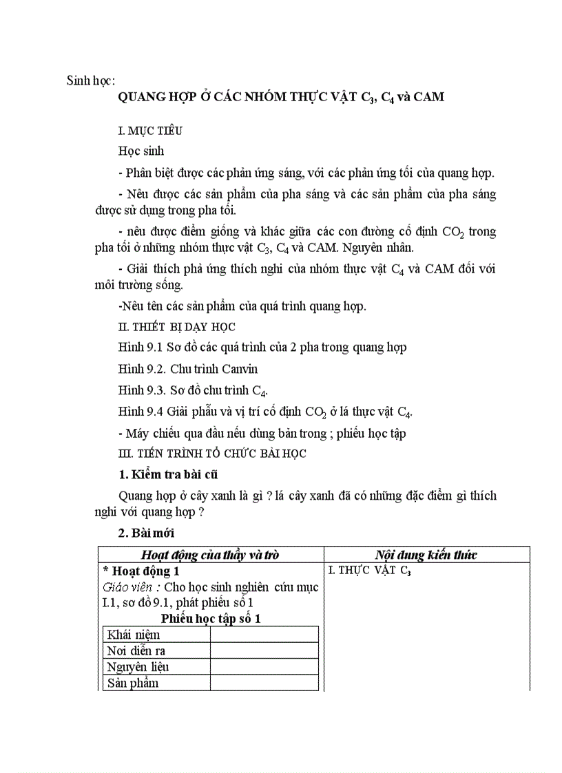 Sinh học QUANG HỢP Ở CÁC NHÓM THỰC VẬT C3 C4 và CAM