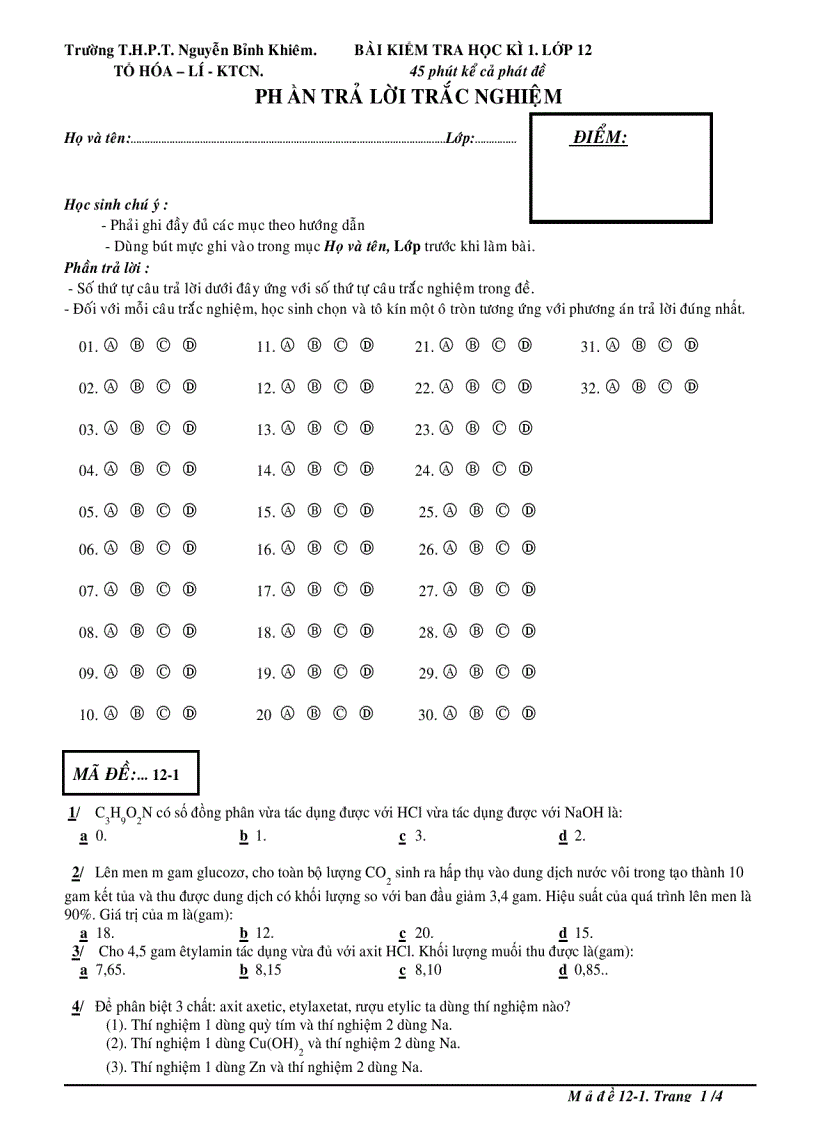Đề kiểm tra HK 1 môn Hóa 12 THPT Nguyễn Bỉnh Khiêm Daklak