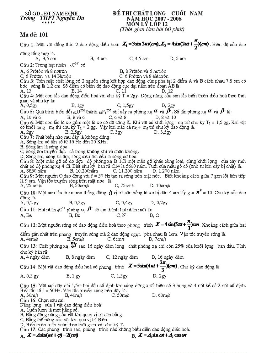 Đề thi chất lượng cuối năm môn Vật lý 12 THPT Nguyễn Du Nam Định 2007 2008